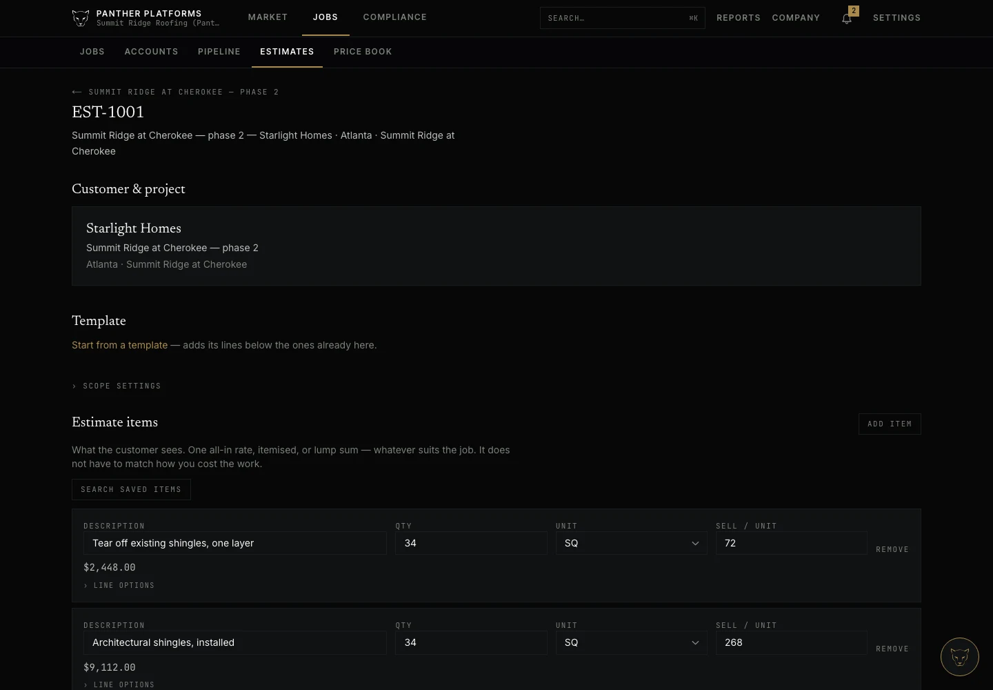 A Panther estimate showing the customer and project, then estimate items with description, quantity, unit and sell rate, each line totalled.