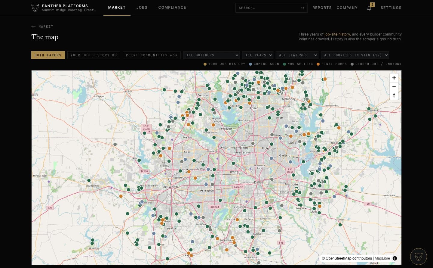 Panther Market's map over Dallas–Fort Worth showing 633 tracked builder communities as coloured dots across twelve counties.