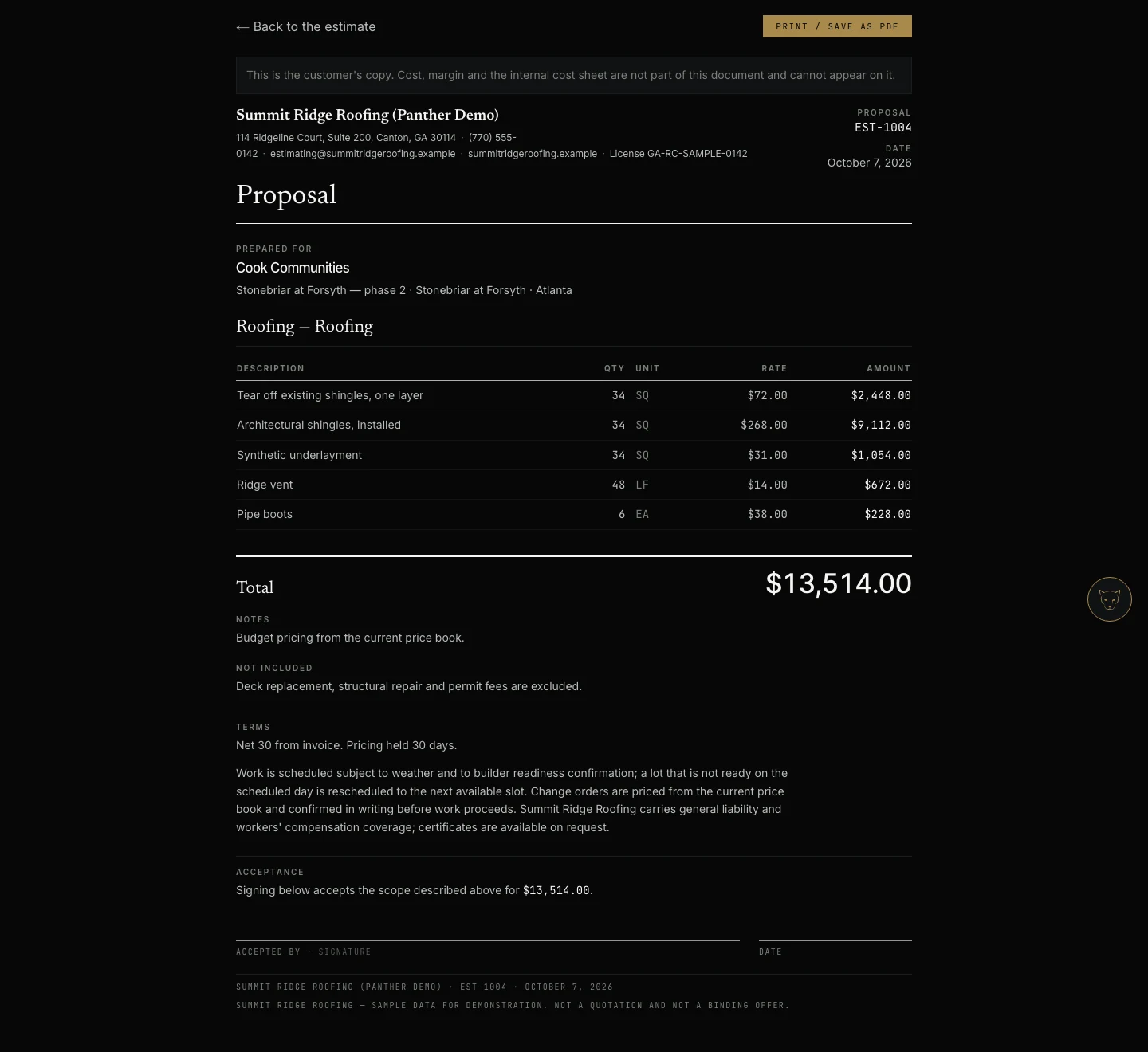 A Panther customer proposal showing scope, line items and totals, with a footer reading SAMPLE DATA FOR DEMONSTRATION, NOT A QUOTATION AND NOT A BINDING OFFER.
